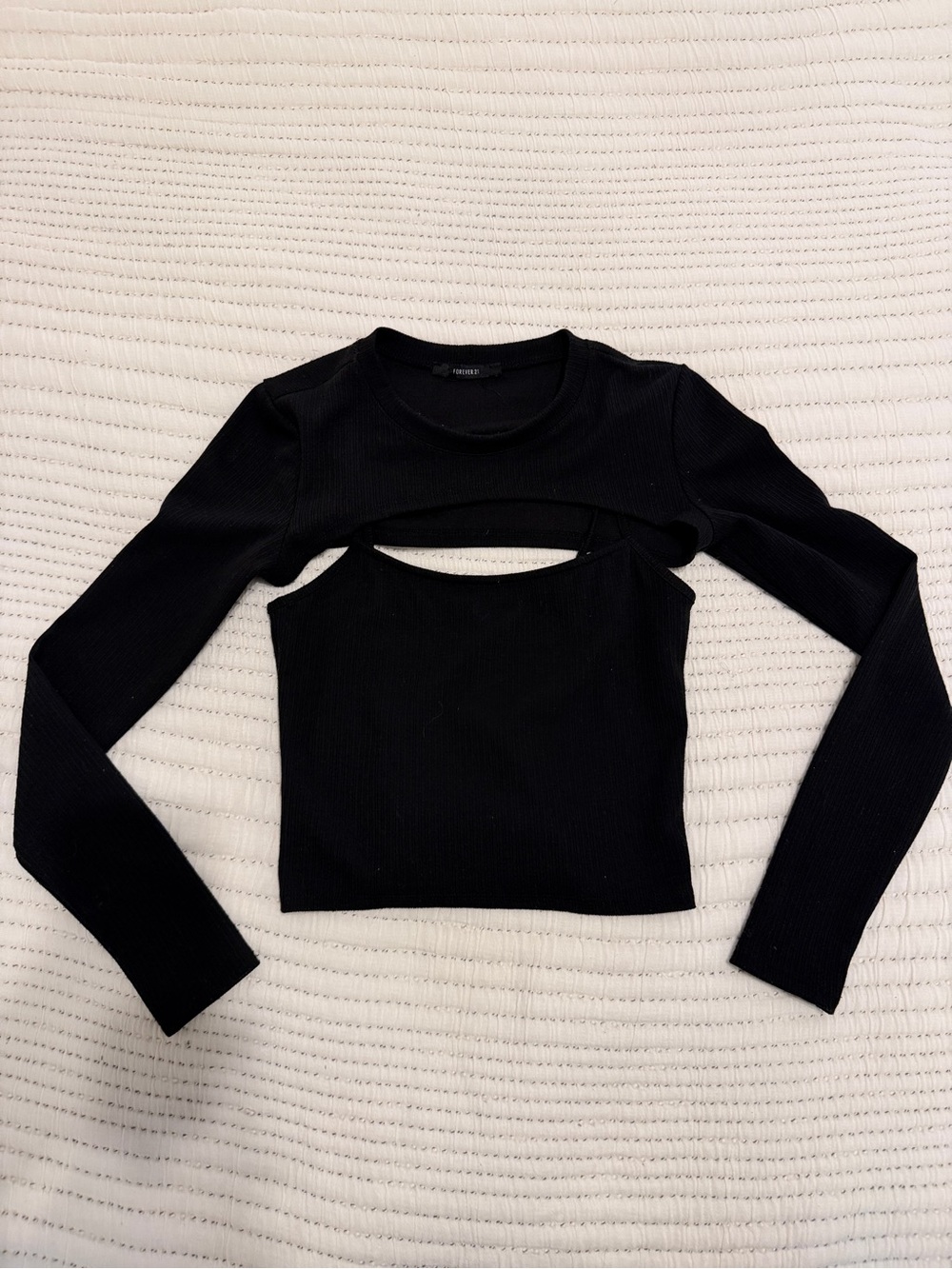 Forever 21 Black Ribbed Long-Sleeve Cutout Crop Top